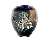 a black vase with a painting on it on a white background