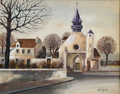 une peinture à l'huile représentant une église surmontée d'un clocher