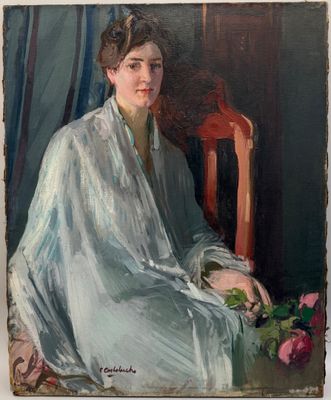 tableau représentant une femme assise sur une chaise, une fleur posée sur ses genoux