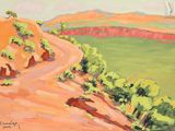 une peinture à l'huile représentant un chemin de terre serpentant à travers une vallée verdoyante