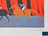 a painting of two people riding horses in the woods