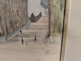framed watercolor painting of a street scene with trees and houses