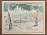 an image of a watercolor painting of a view of a beach
