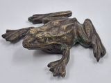 a small bronze frog sitting on a white surface
