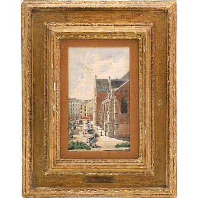 une peinture à l'huile représentant une scène de rue avec des personnes marchant dans la rue