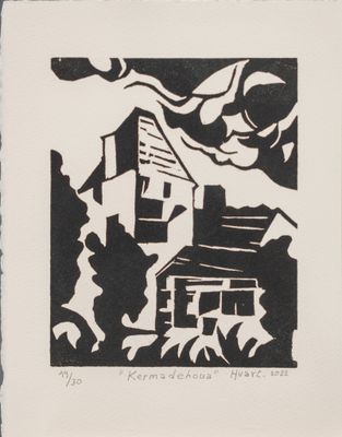 an image of a black and white drawing of a house in the woods