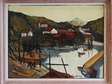 a painting of a harbor scene with boats on the water