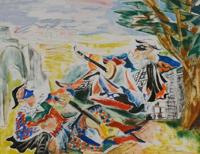 un tableau représentant un homme et une femme à cheval