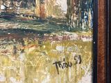 an oil painting of a building with a clock on the outside