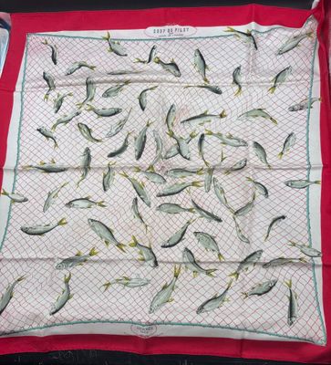 an image of a red and white square scarf with birds on it