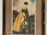 painting of a woman in a yellow dress holding a dog