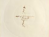 a drawing of a bird flying through the air on top of a white plate