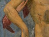 an image of a painting of jesus on the cross with a woman in the background