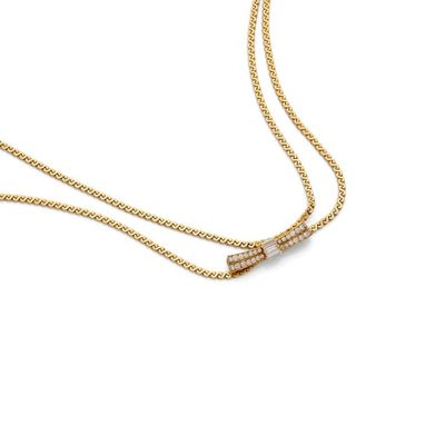 a gold necklace with a diamond bar on a chain