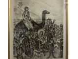 tableau représentant un homme à cheval, avec un groupe de personnes derrière lui