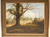 an oil painting of a farm scene with a large tree in the foreground