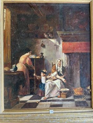 a painting of a woman and two children in a kitchen