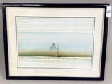 framed watercolor painting of a boat in the ocean with a house in the distance