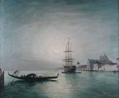peinture d'un bateau sur un plan d'eau avec une ville en arrière-plan