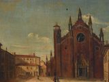 tableau représentant une scène de rue avec une église et une calèche