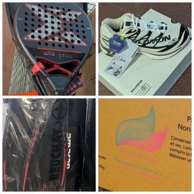 quatre photos différentes de raquettes de tennis et une boîte de balles de tennis