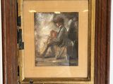 tableau représentant un homme assis sur un tabouret devant un tableau