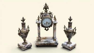 une horloge posée à côté de trois vases