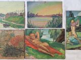 quatre tableaux représentant une femme allongée sur une couverture au bord d'un plan d'eau
