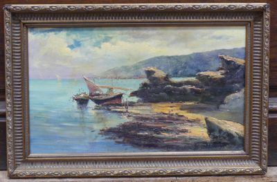 a picture of a painting of a boat on the water