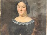 an old painting of a woman in a black dress with a fur collar