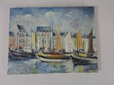 a painting of boats in a harbor with buildings in the background
