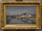 une image représentant un tableau où l'on voit une rivière avec des bâtiments en arrière-plan