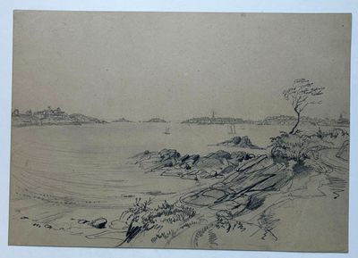 dessin représentant une étendue d'eau avec un bateau au loin
