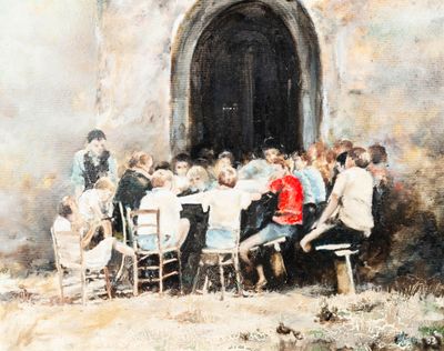 a painting of a group of people sitting at a table