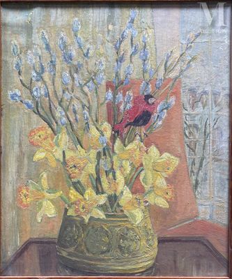 une peinture de fleurs dans un vase sur une table