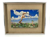 painting of a boy in a field of flowers with a tree in the background