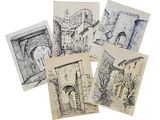 sketches of old buildings are displayed on old cards on a white surface