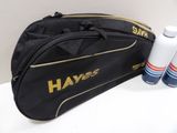 a black bag with a yellow and blue logo on it