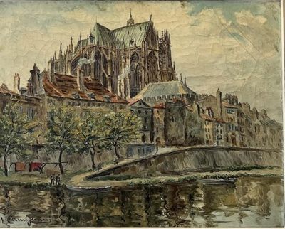 tableau représentant une grande cathédrale avec un pont enjambant un plan d'eau