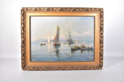 une peinture à l'huile représentant des bateaux sur l'eau, sur fond blanc