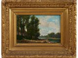 une peinture à l'huile représentant une scène fluviale avec un bateau sur l'eau