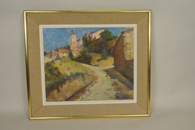 painting of a road with a church in the background
