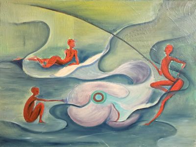 painting of a group of people on surfboards in a body of water