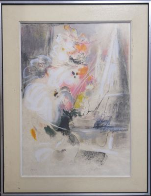 painting of a vase of flowers on a table in front of a window