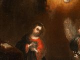 an image of a painting of an angel and a woman in a dark room