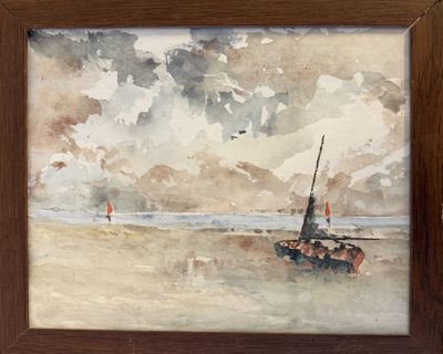 a picture of a painting of a boat on the beach