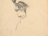 an old drawing of a man with a hat on his head