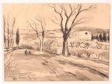drawing of a landscape with trees and a road in the foreground