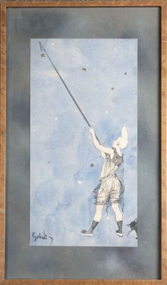 tableau représentant un garçon avec un cerf-volant et un chat sur fond bleu