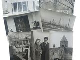 several old black and white photos of a man and a woman standing in front of a building